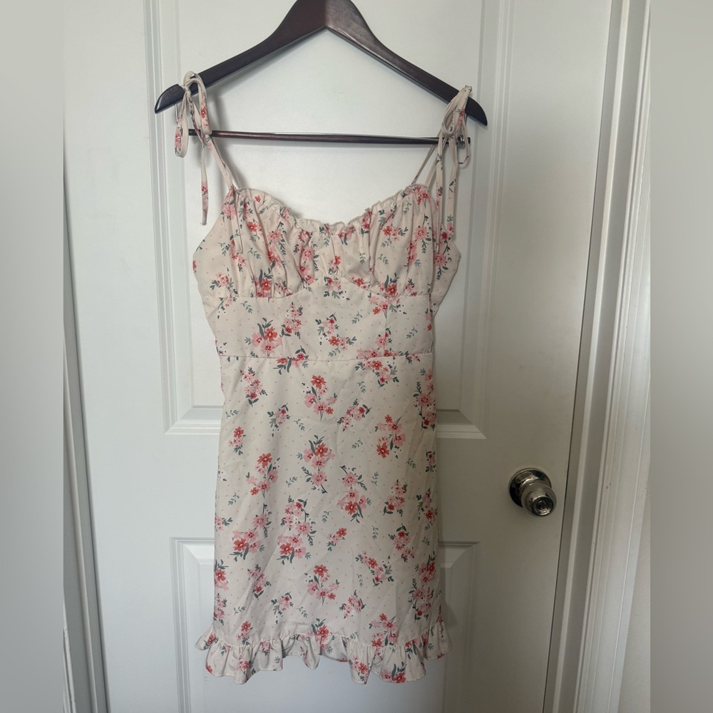 SHEIN Cream Floral Tie-Shoulder Dress with Pink & Coral Blooms